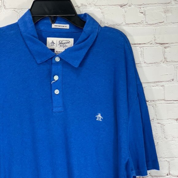 Original Penguin Blue Linen Heritage Slim Fit Polo - Picture 4 of 9